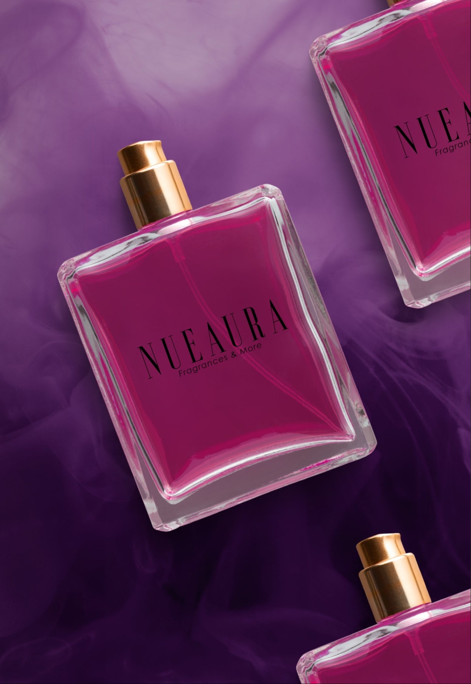 Pink perfume bottles with 'Nevaera' branding on a purple background